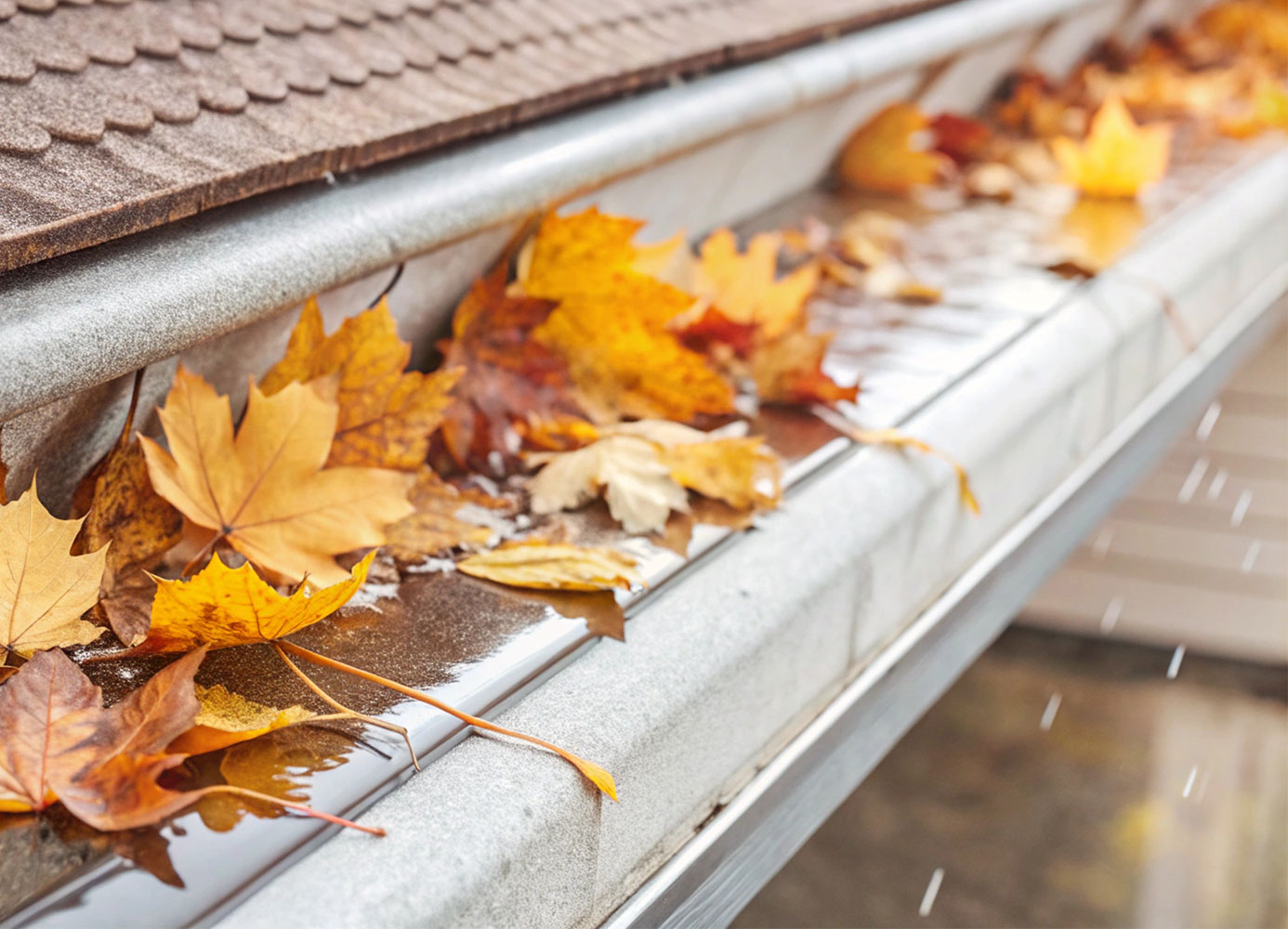 Nahaufnahme einer Dachrinne, die mit Regenwasser gefüllt ist und von herabgefallenen gelben und braunen Herbstblättern verstopft wird.